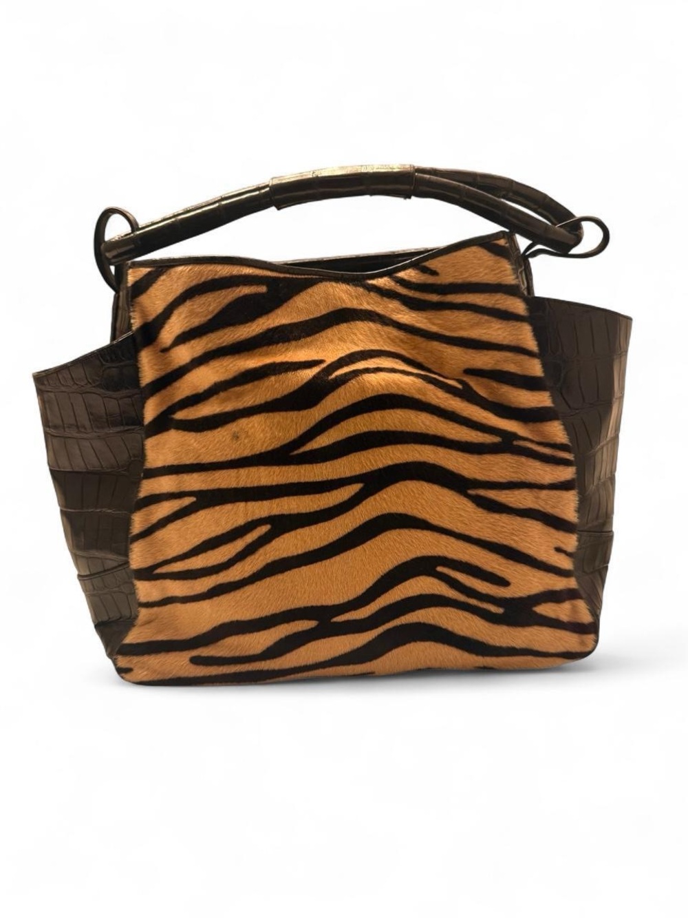 Tiger cheetah-Striped Alexandra Knight Fur Hair Shoulder Tote Black Leather